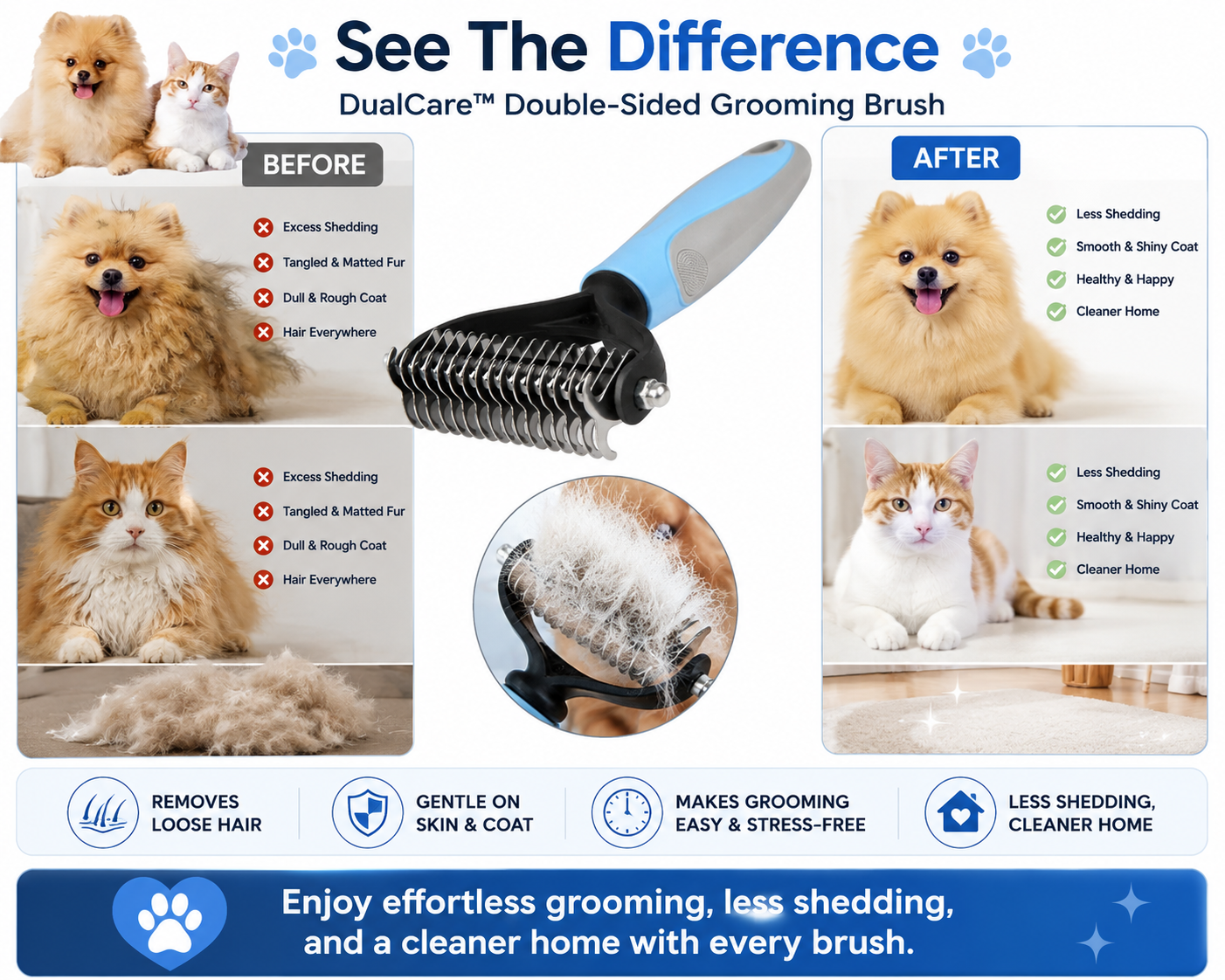 DualCare™ Double-Sided Grooming Brush for Dogs & Cats